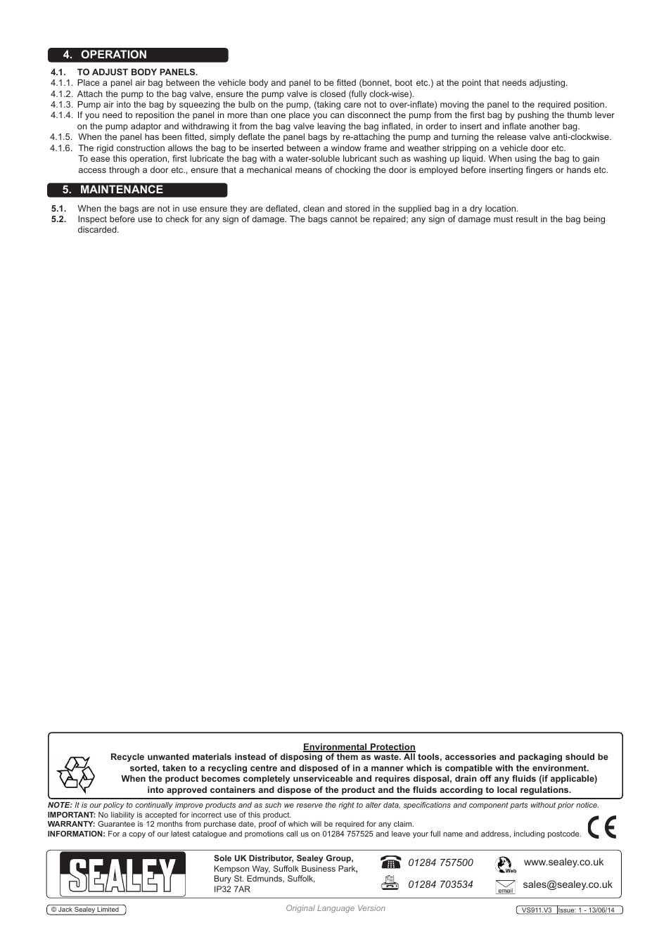 Operation 5. maintenance | Sealey VS911 User Manual | Page 2 / 2