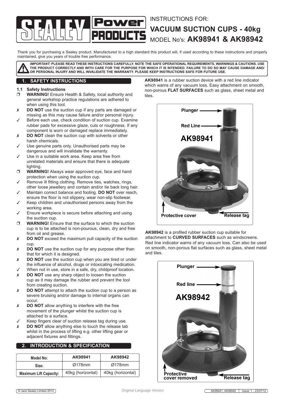 Sealey AK98941 User Manual | 2 pages