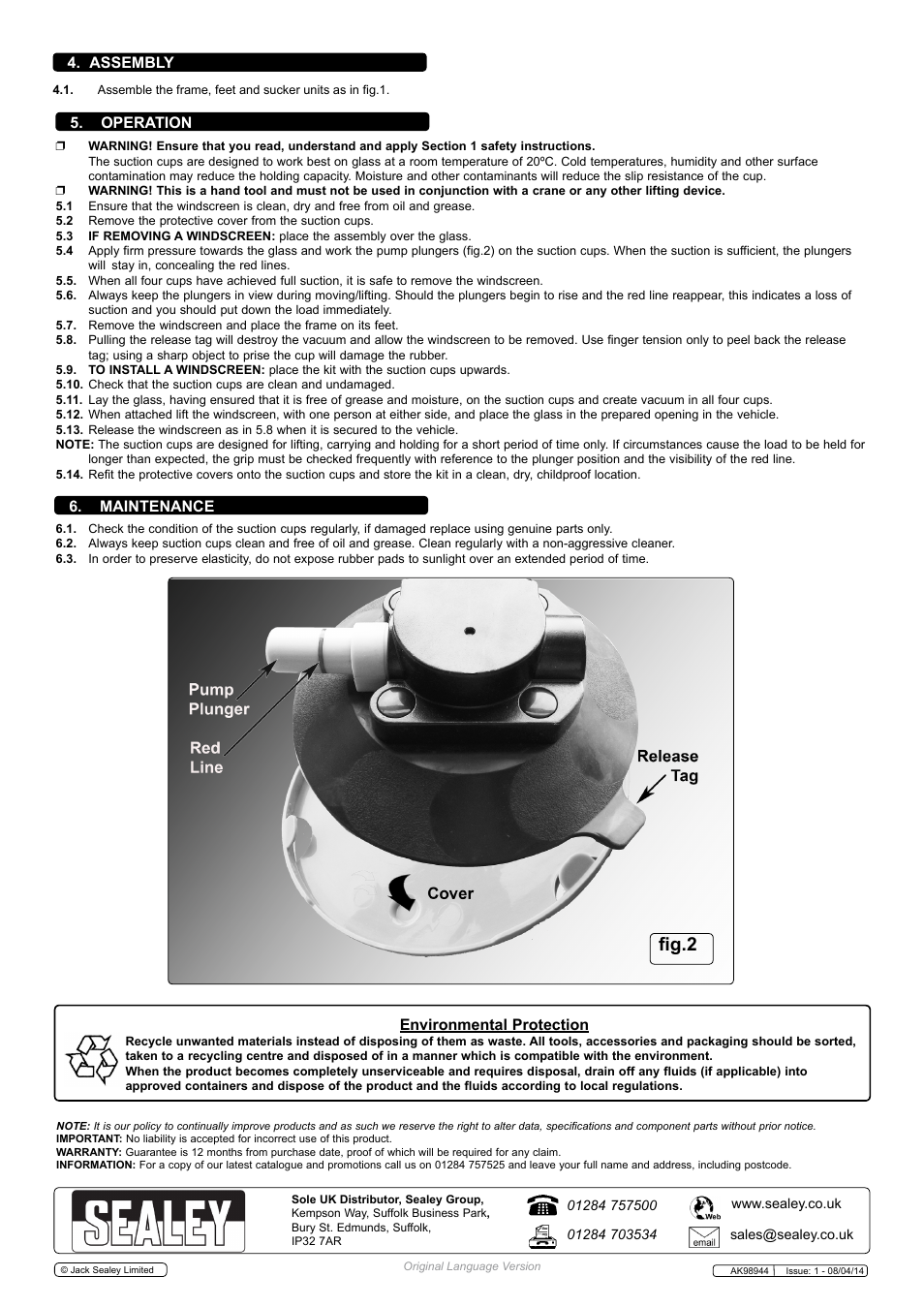 Fig.2, Assembly, Maintenance | Operation, Environmental protection | Sealey AK98944 User Manual | Page 2 / 2