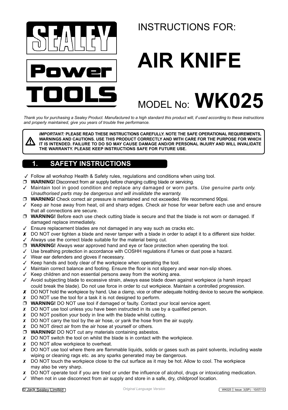 Sealey WK025 User Manual | 4 pages