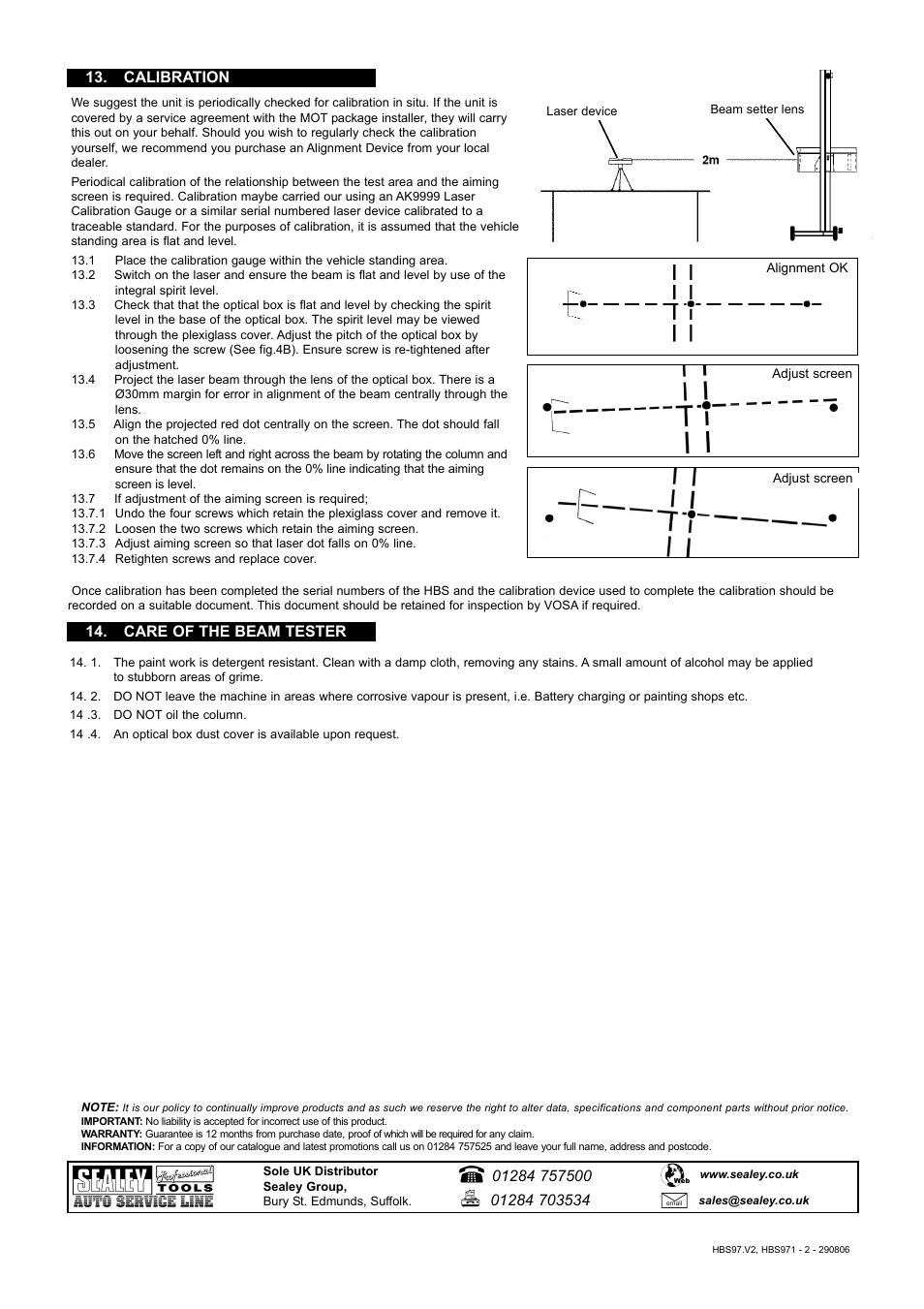 Calibration | Sealey HBS97 User Manual | Page 4 / 4