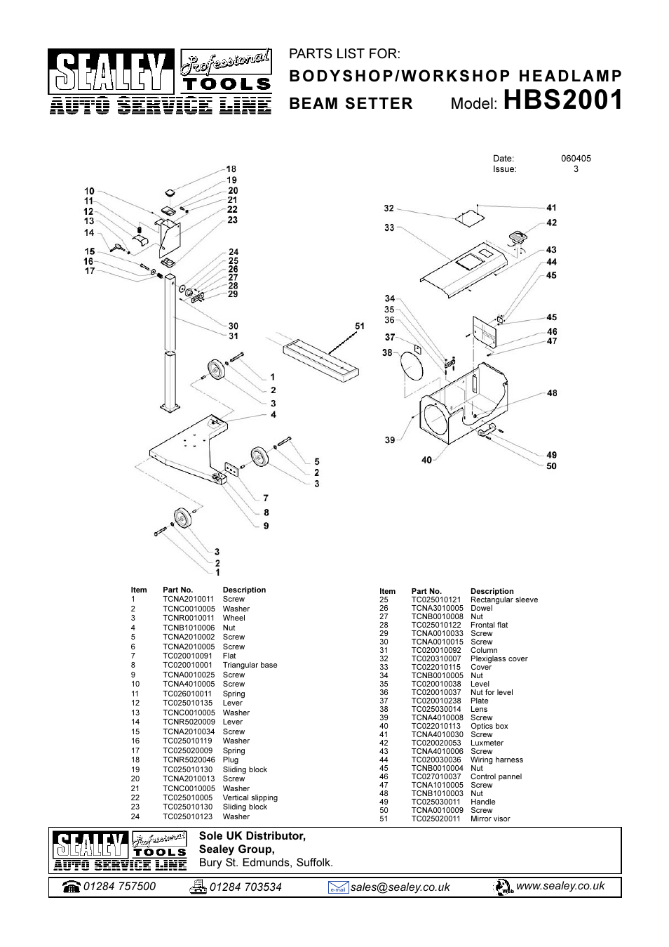 Hbs2001, Bodyshop/workshop headlamp beam setter model, Parts list for | Sealey HBS2001 User Manual | Page 6 / 6