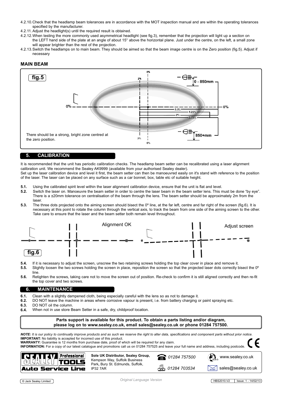 Fig.5 fig.6, Main beam 5. calibration, Alignment ok adjust screen | Maintenance | Sealey HBS2010 User Manual | Page 3 / 3