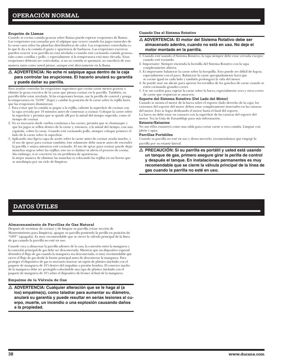 Operación normal, Datos útiles | Ducane 2020806 User Manual | Page 38 / 64