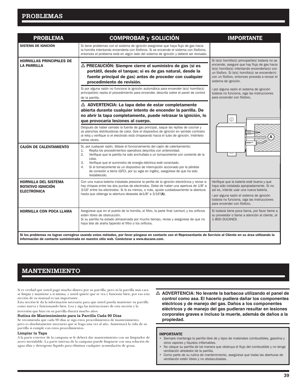 Problemas, Mantenimiento, Problema comprobar y solución importante | Ducane 2020806 User Manual | Page 39 / 64