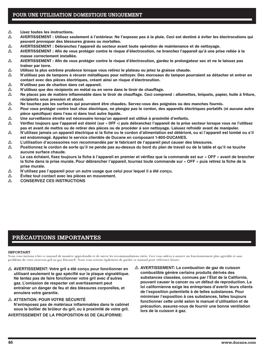 Précautions importantes, Pour une utilisation domestique uniquement | Ducane 2020806 User Manual | Page 46 / 64