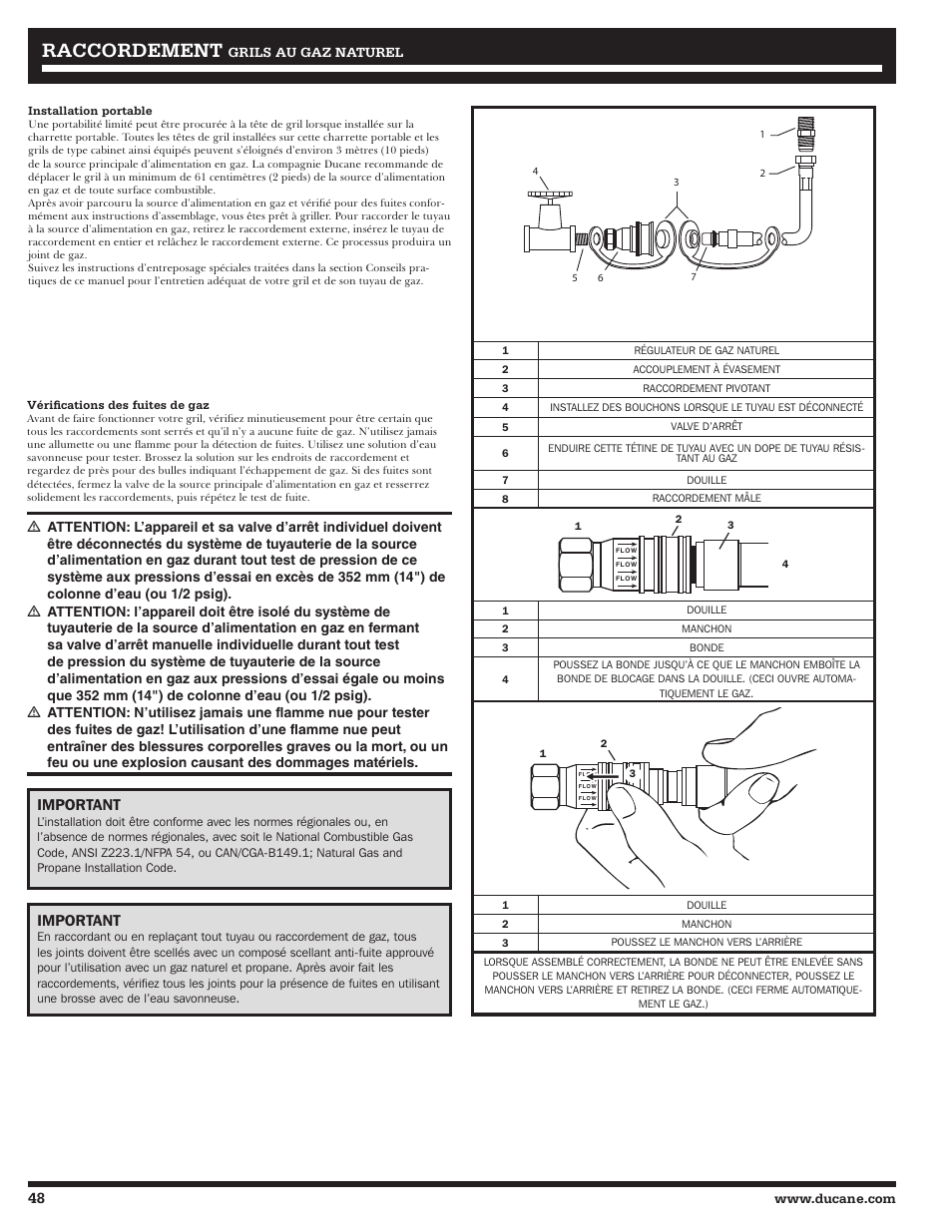 Raccordement, Important | Ducane 2020806 User Manual | Page 48 / 64