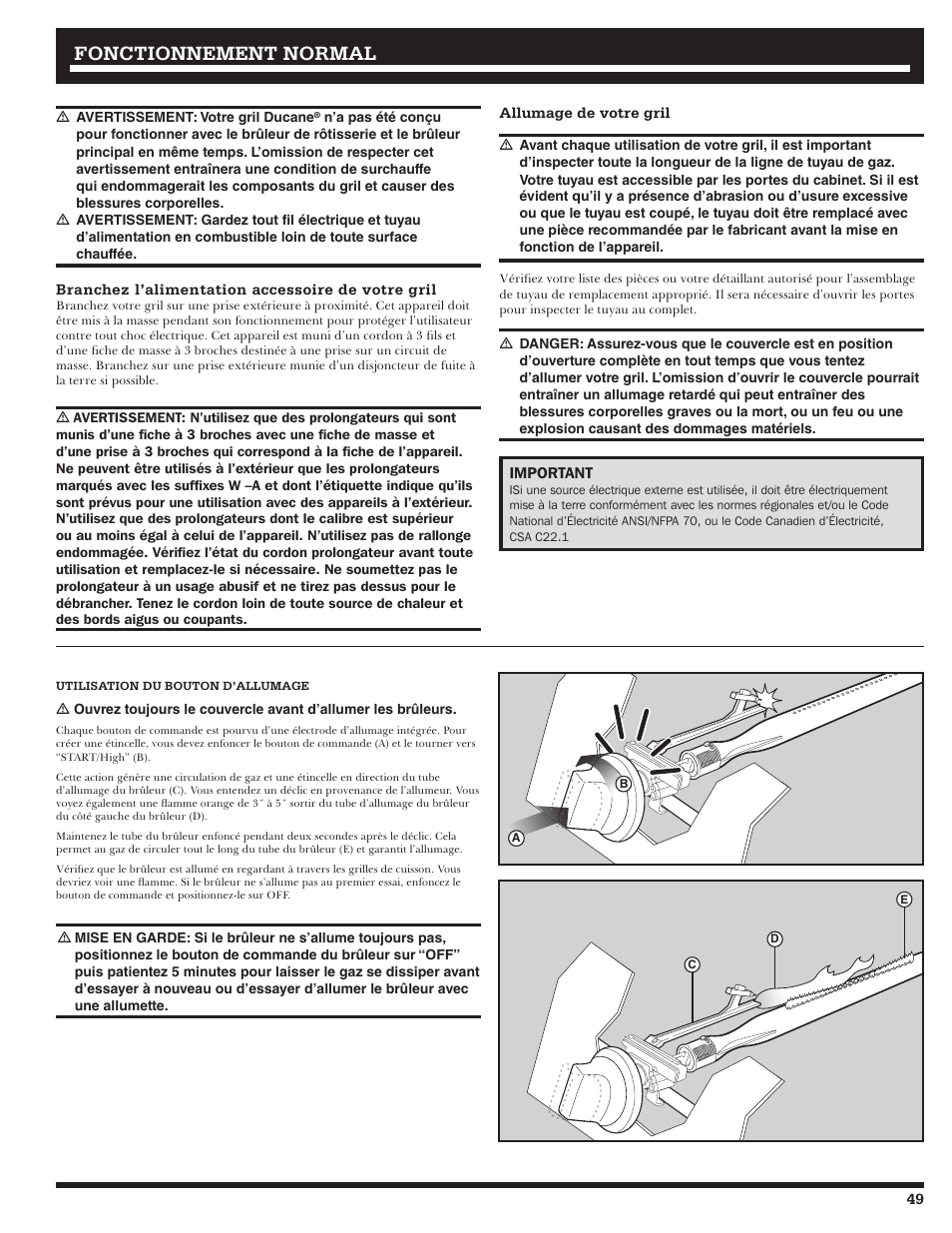 Fonctionnement, Fonctionnement normal normal | Ducane 2020806 User Manual | Page 49 / 64