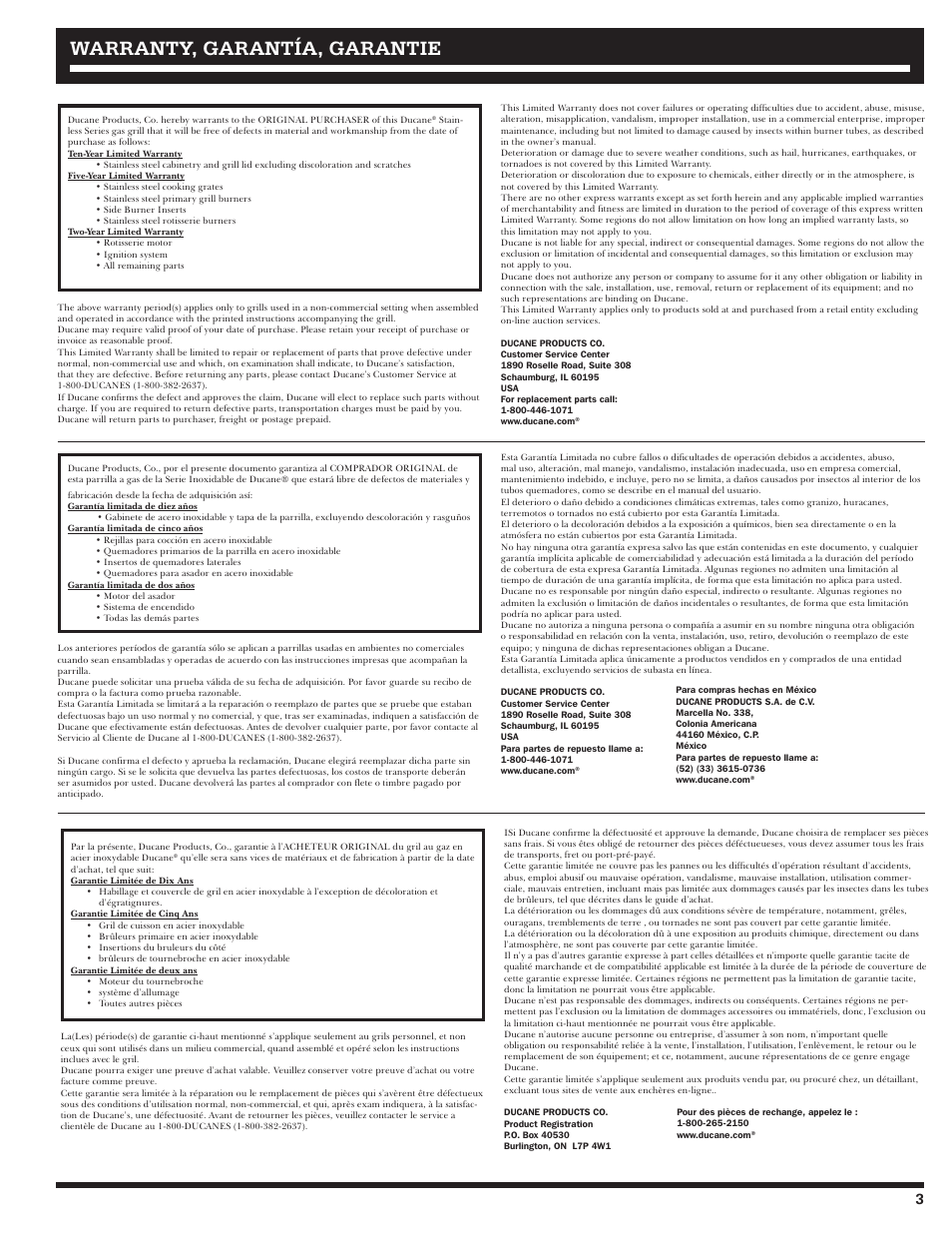 Warranty, garantía, garantie | Ducane Natural 27010357 User Manual | Page 3 / 64