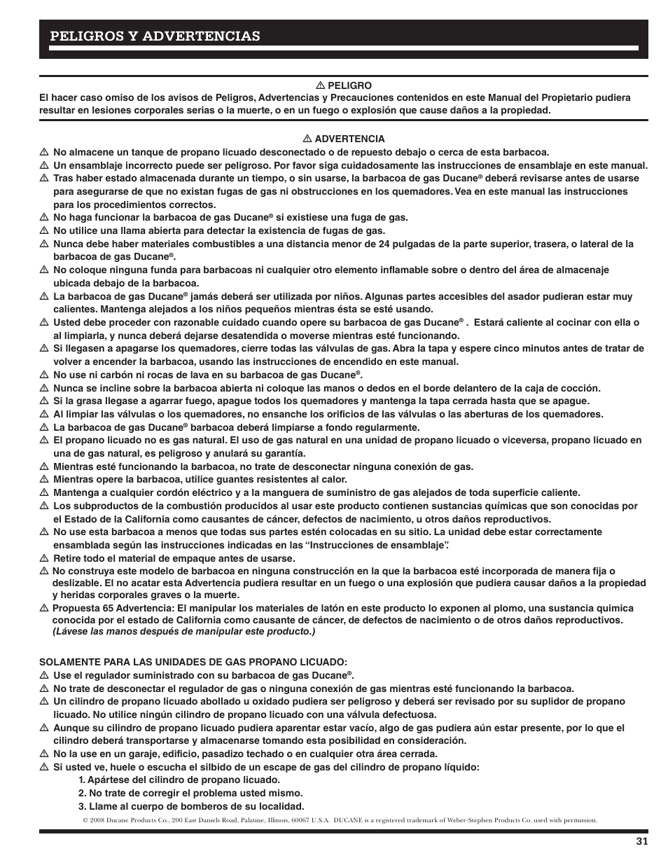 Peligros y advertencias | Ducane Natural 27010357 User Manual | Page 31 / 64