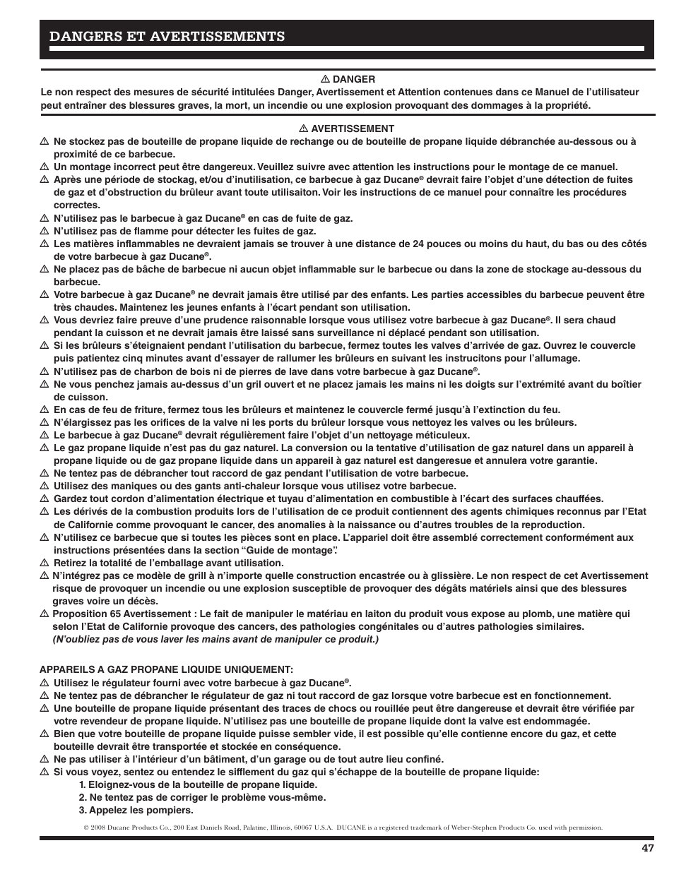 Dangers et avertissements | Ducane Natural 27010357 User Manual | Page 47 / 64