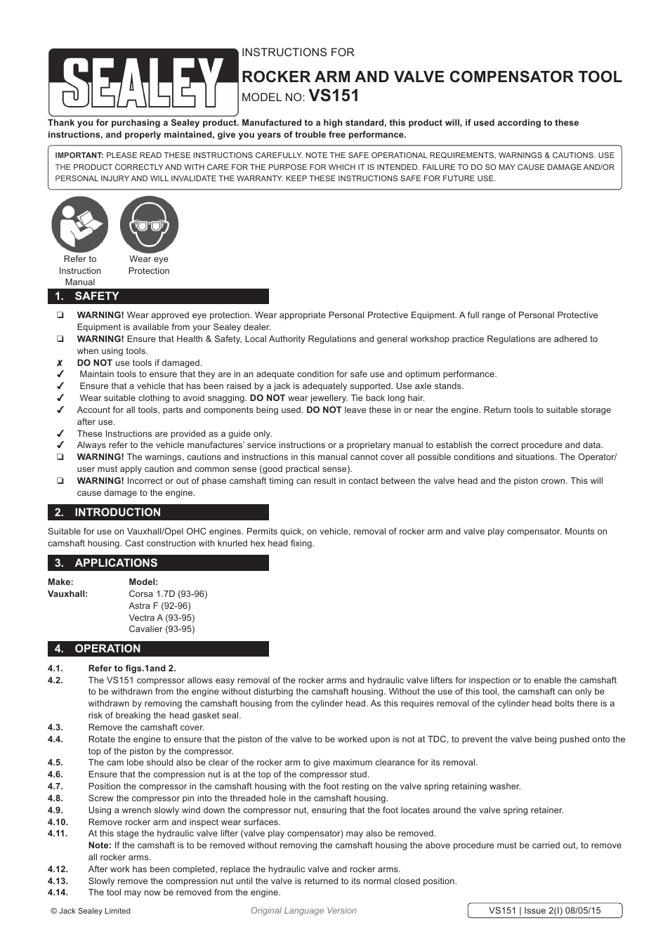 Sealey VS151 User Manual | 2 pages