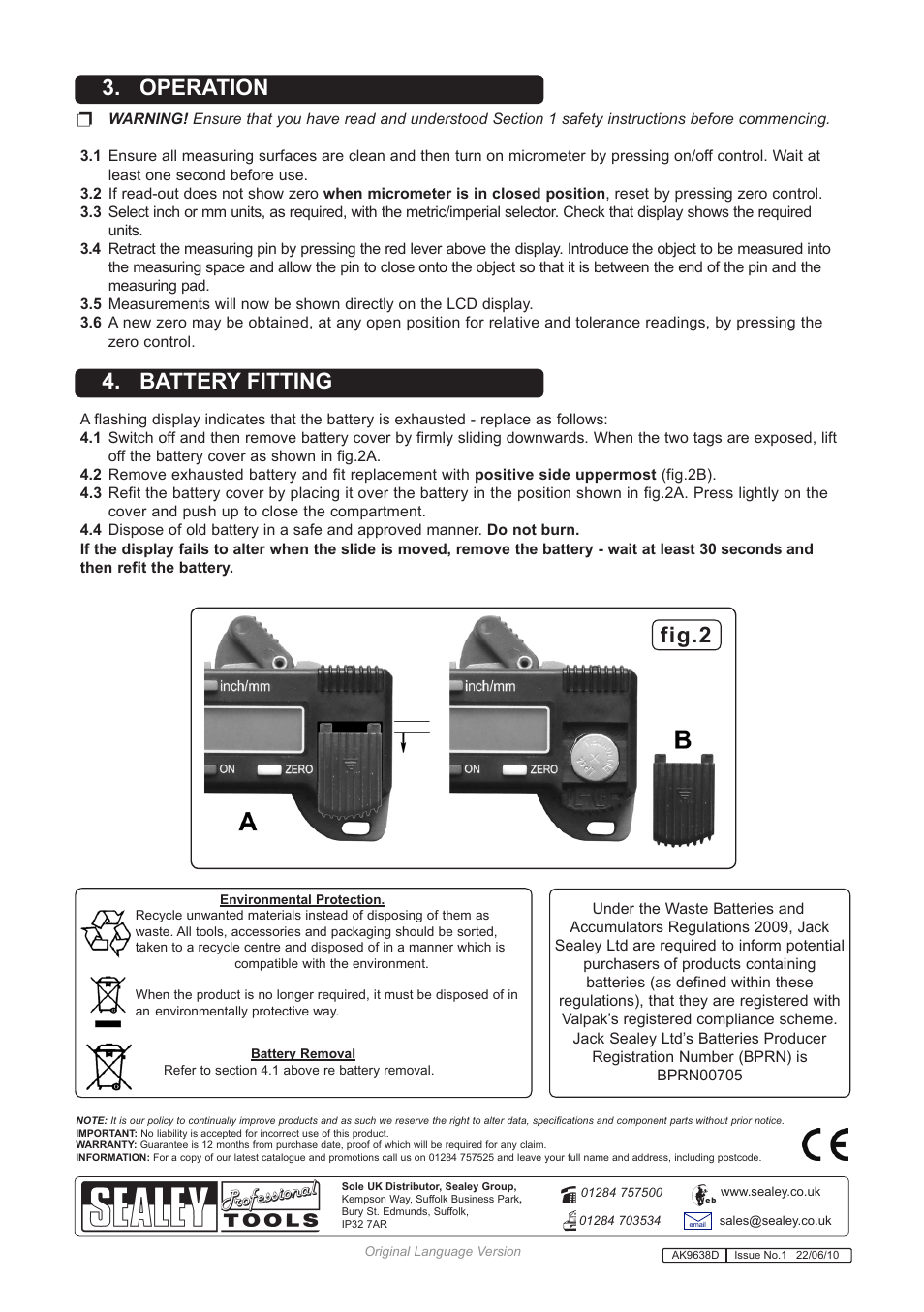 Operation 4. battery fitting, Fig.2 | Sealey AK9638D User Manual | Page 2 / 2