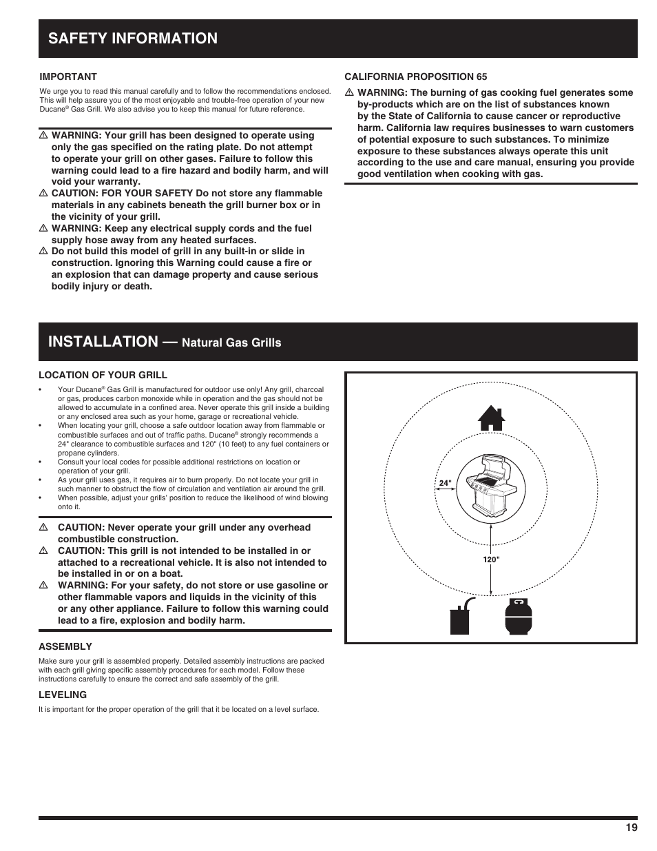 Safety information installation, Natural gas grills | Ducane 3100 User Manual | Page 19 / 60