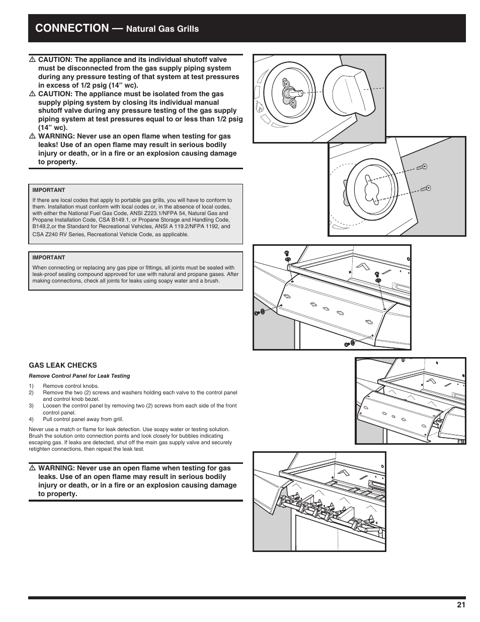 Connection, Natural gas grills | Ducane 3100 User Manual | Page 21 / 60