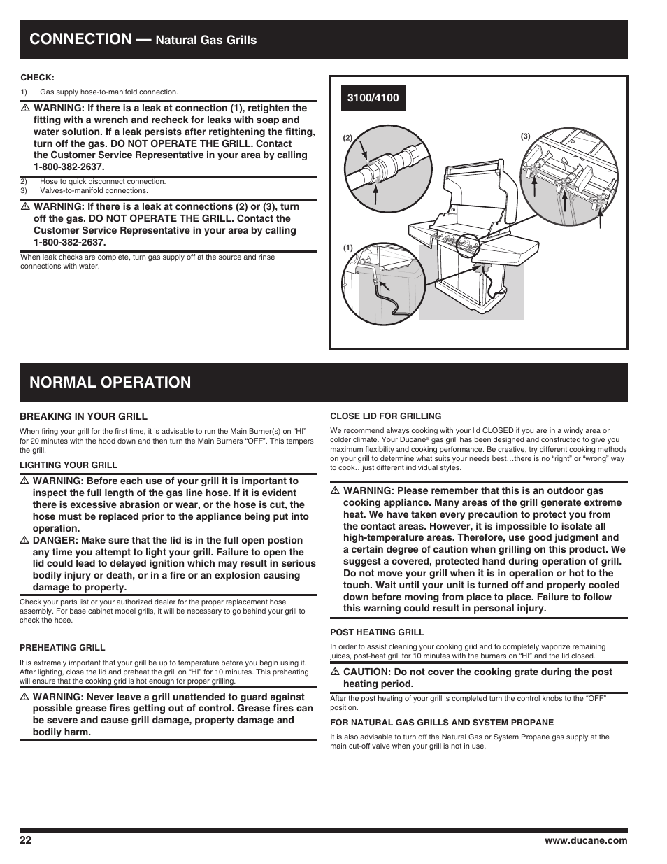 Connection, Normal operation, Natural gas grills | Ducane 3100 User Manual | Page 22 / 60