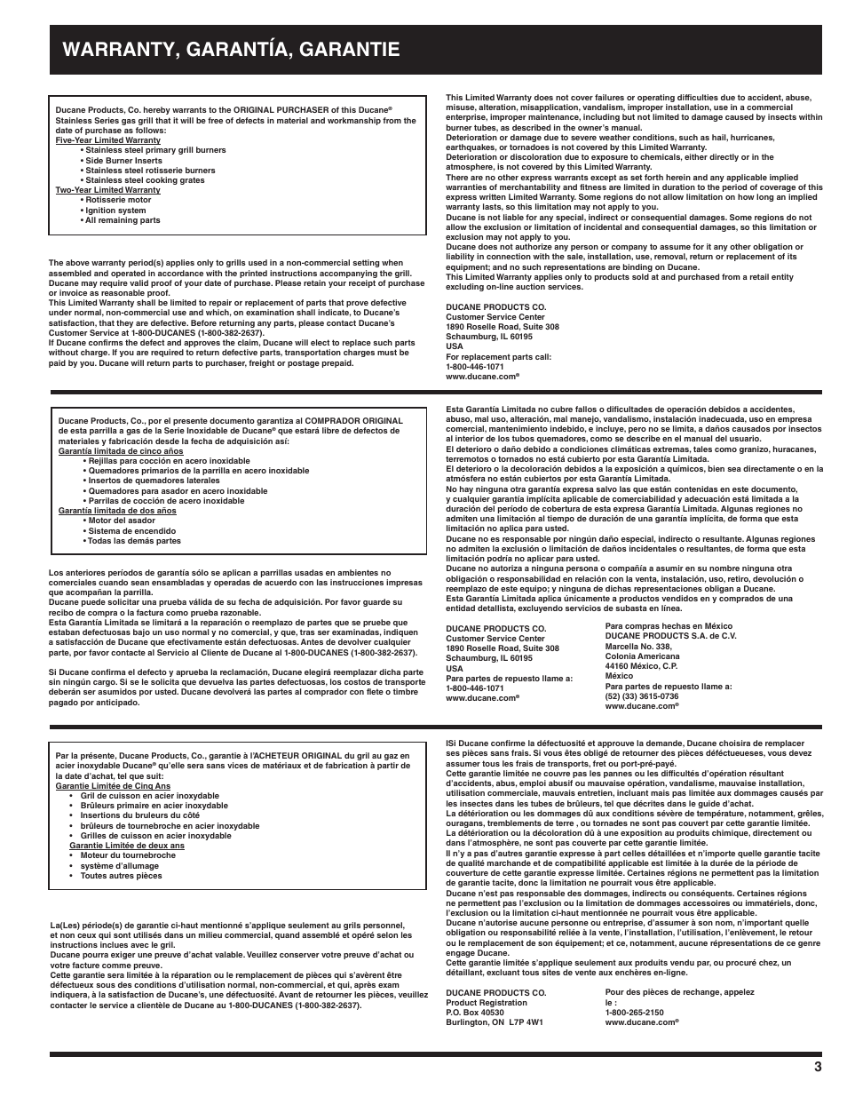 Warranty, garantía, garantie | Ducane 3100 User Manual | Page 3 / 60