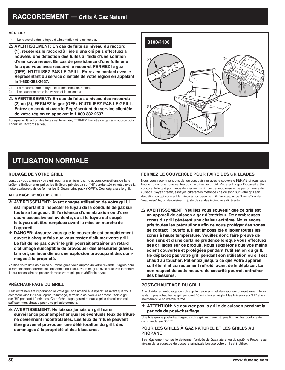 Raccordement, Utilisation normale, Grills à gaz naturel | Ducane 3100 User Manual | Page 50 / 60