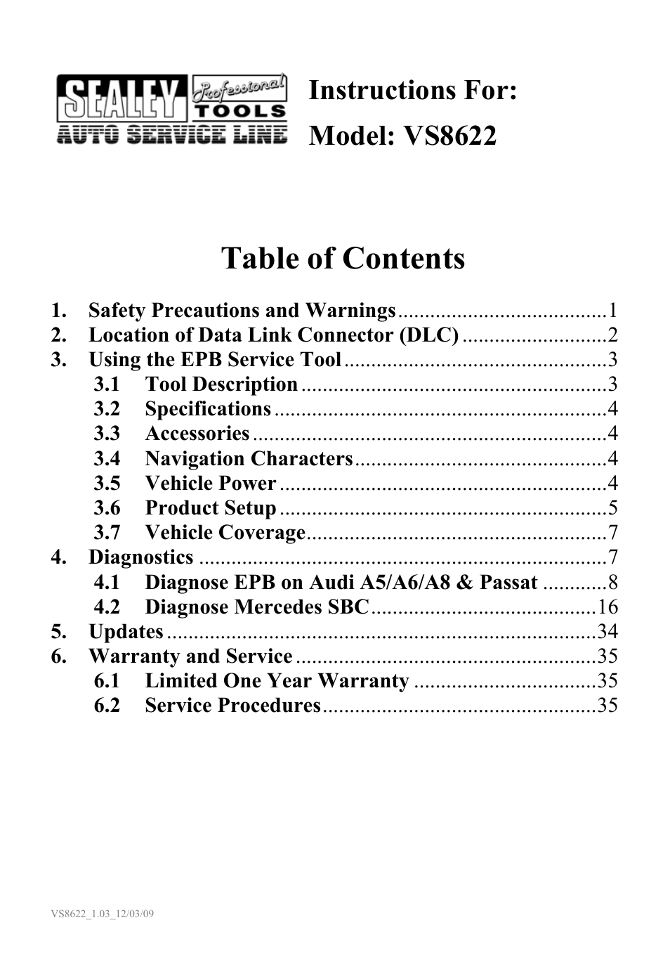 Sealey VS8622 User Manual | 36 pages