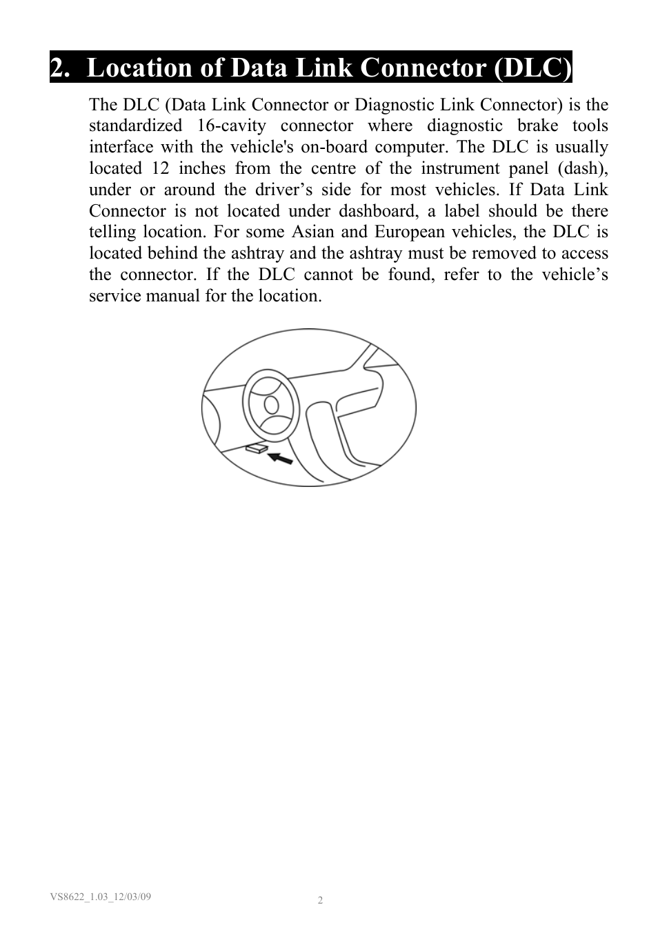 Location of data link connector (dlc) | Sealey VS8622 User Manual | Page 3 / 36