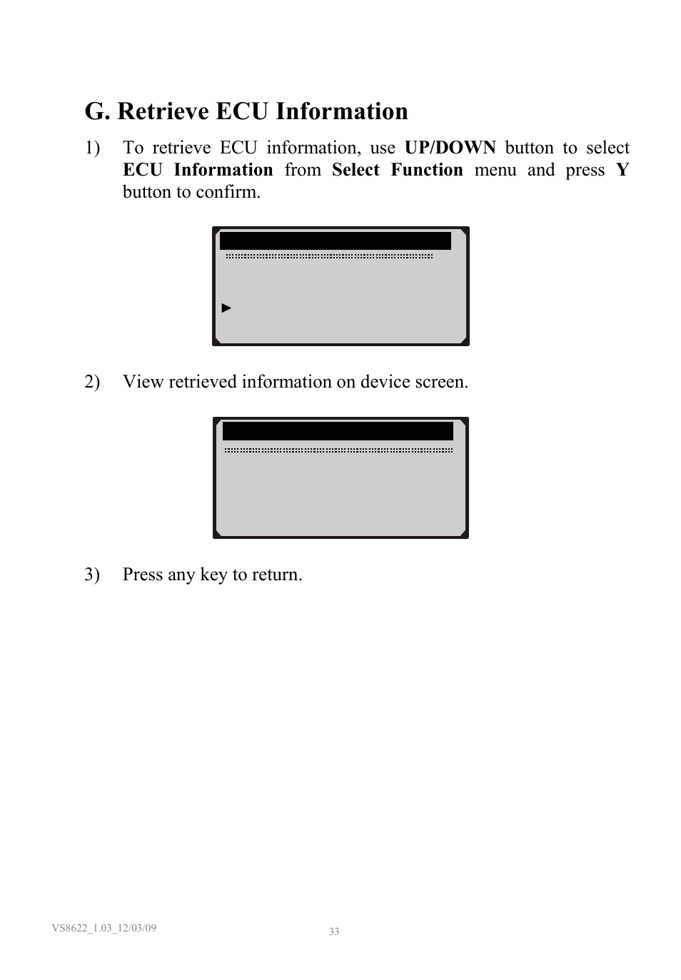 G. retrieve ecu information, 2) view retrieved information on device screen, 3) press any key to return | Sealey VS8622 User Manual | Page 34 / 36