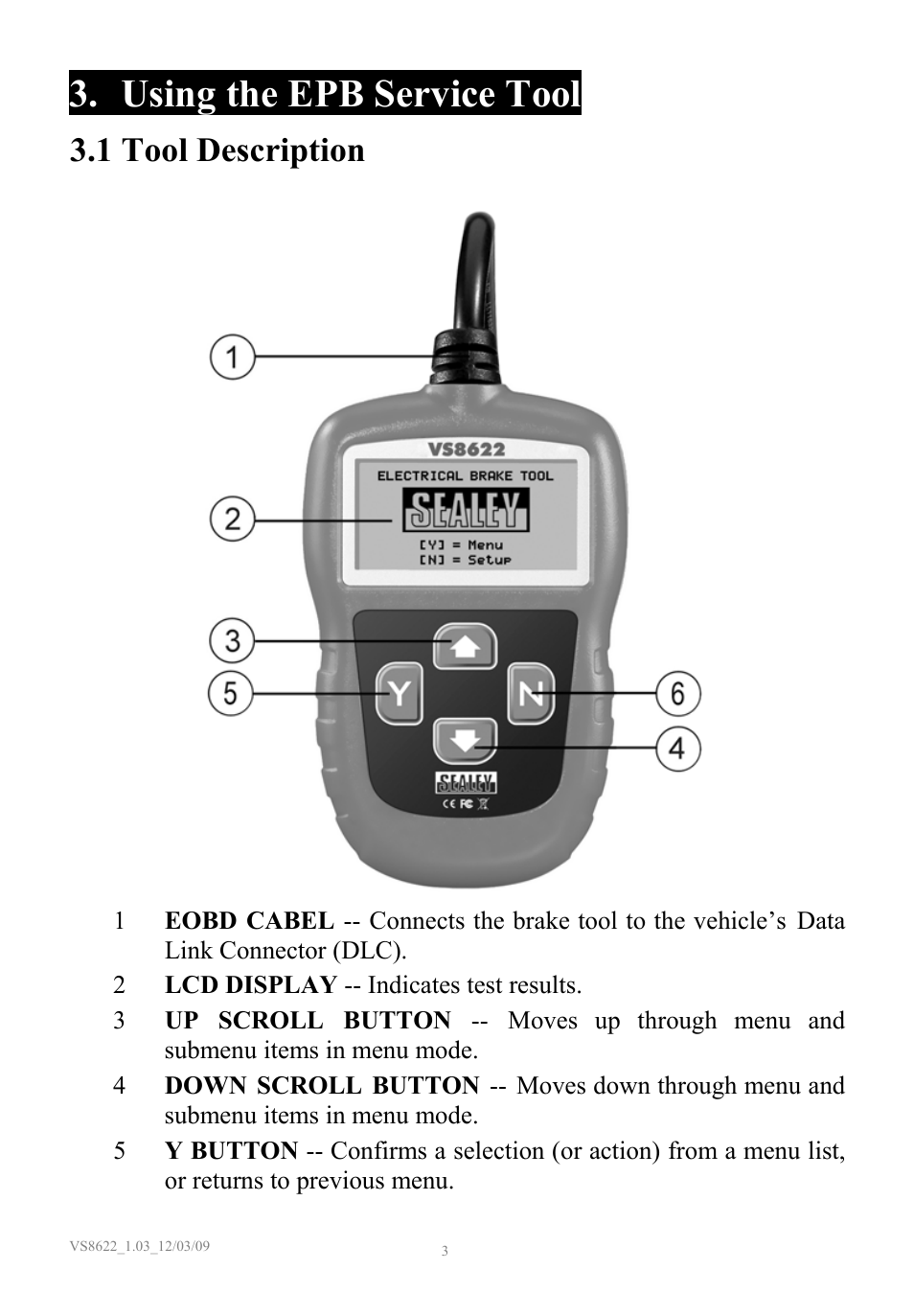 Using the epb service tool, Tool description, 1 tool description | Sealey VS8622 User Manual | Page 4 / 36