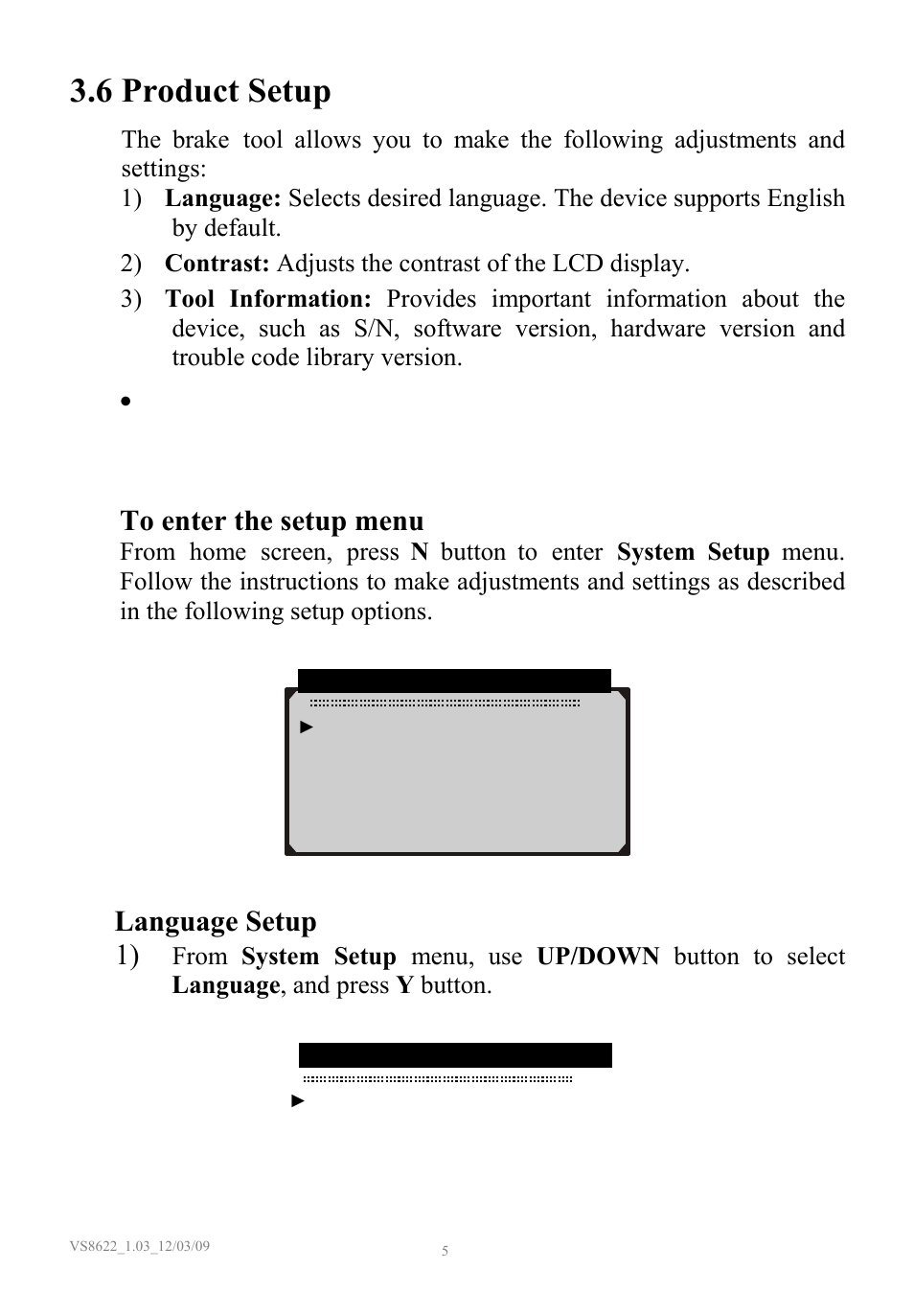 Product setup, 6 product setup, Language setup 1) | Sealey VS8622 User Manual | Page 6 / 36