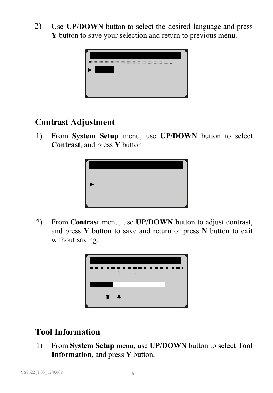 Contrast adjustment, Tool information | Sealey VS8622 User Manual | Page 7 / 36