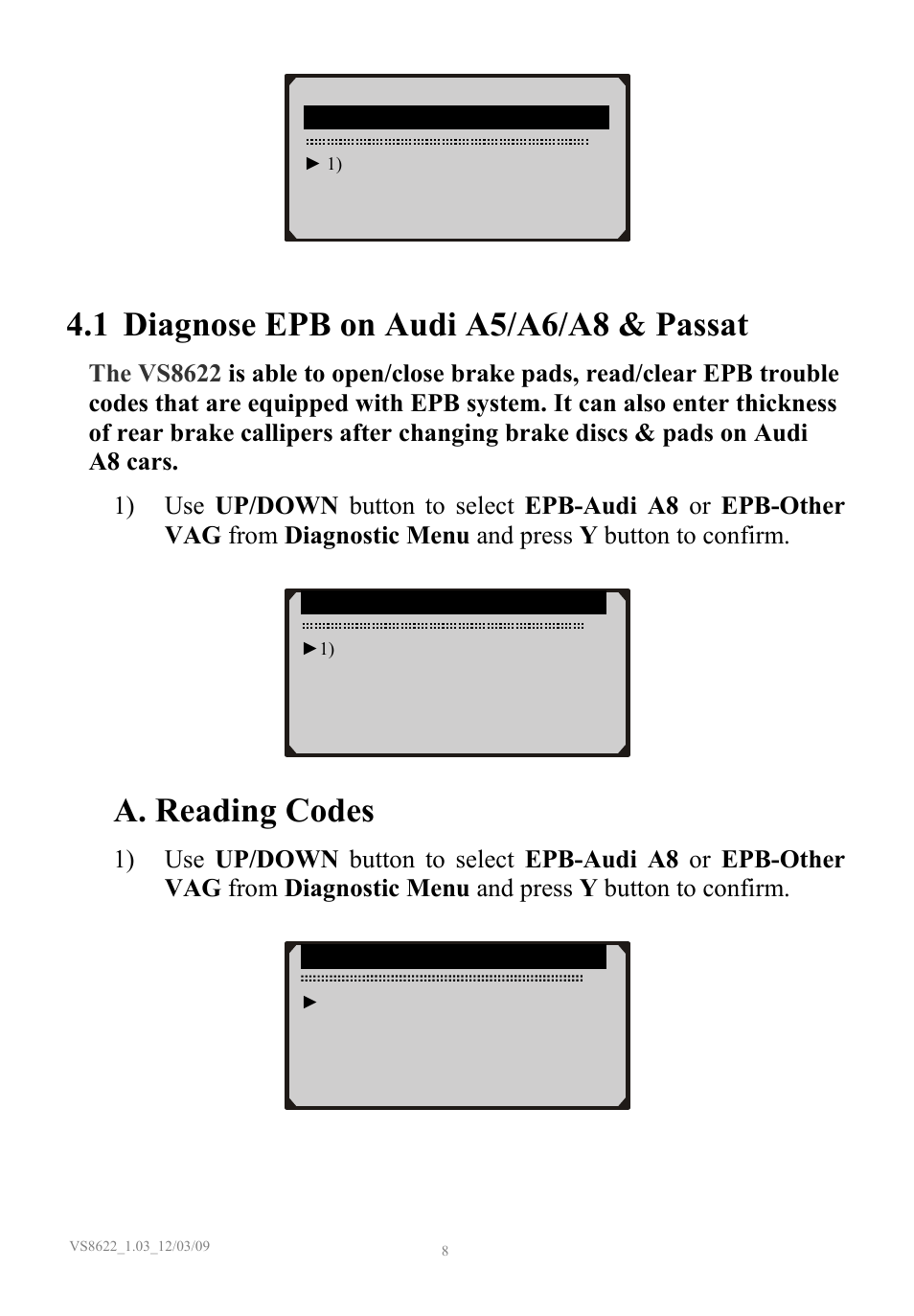 Diagnose epb on audi a5/a6/a8 & passat, 1 diagnose epb on audi a5/a6/a8 & passat, A. reading codes | Sealey VS8622 User Manual | Page 9 / 36