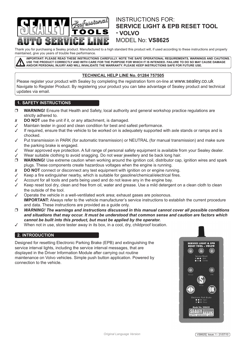 Sealey VS8625 User Manual | 4 pages