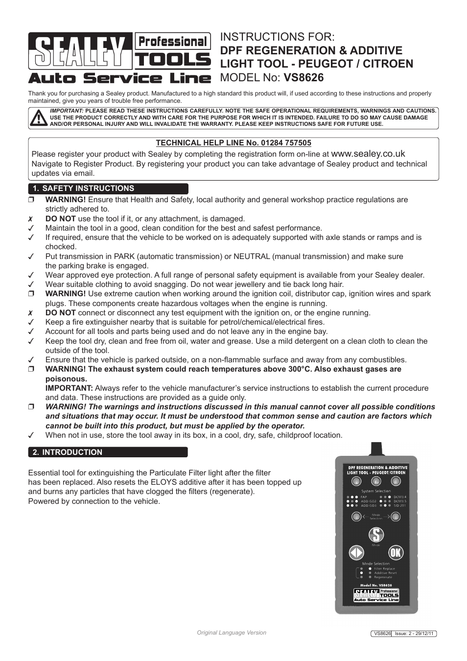 Sealey VS8626 User Manual | 4 pages