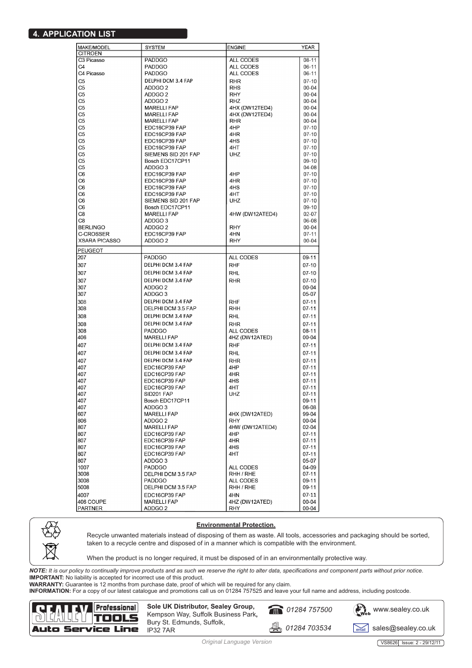 Application list | Sealey VS8626 User Manual | Page 4 / 4