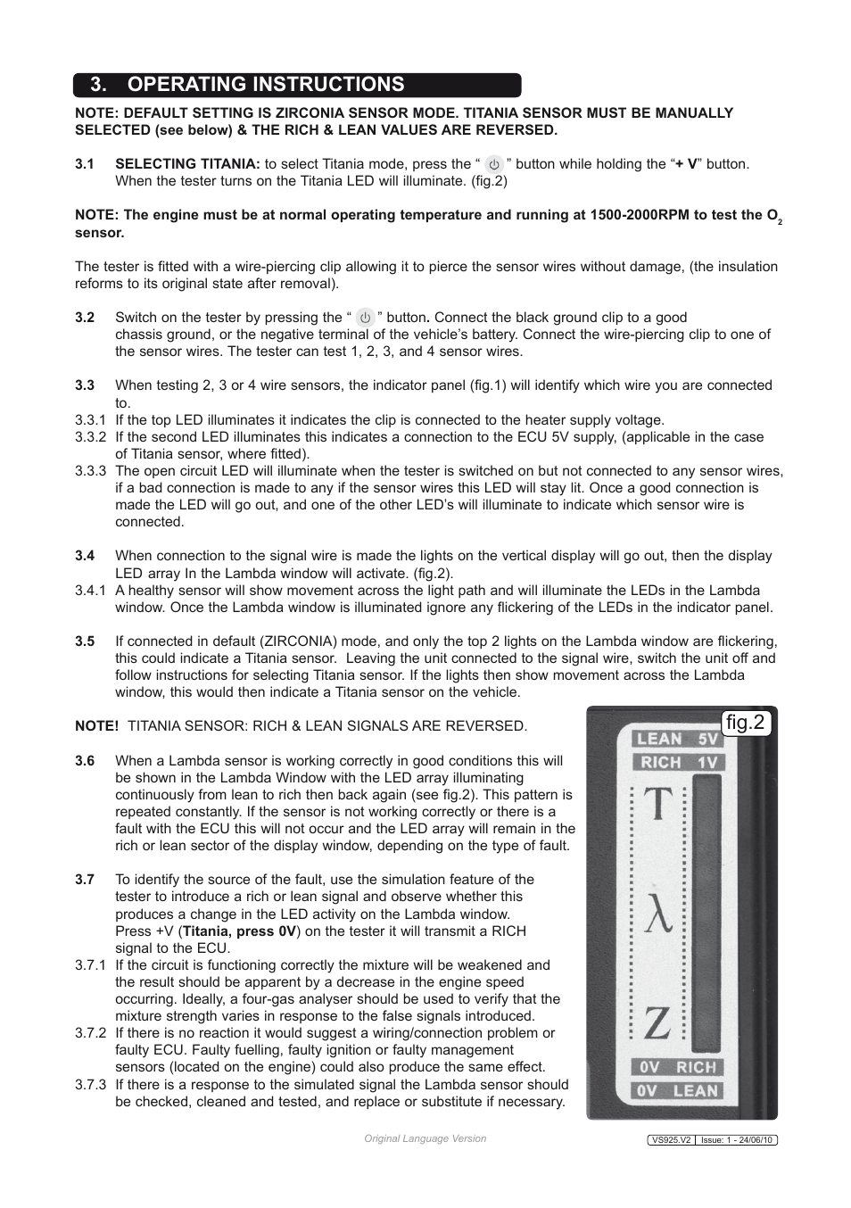 Operating instructions fig.2 | Sealey VS925 User Manual | Page 2 / 3