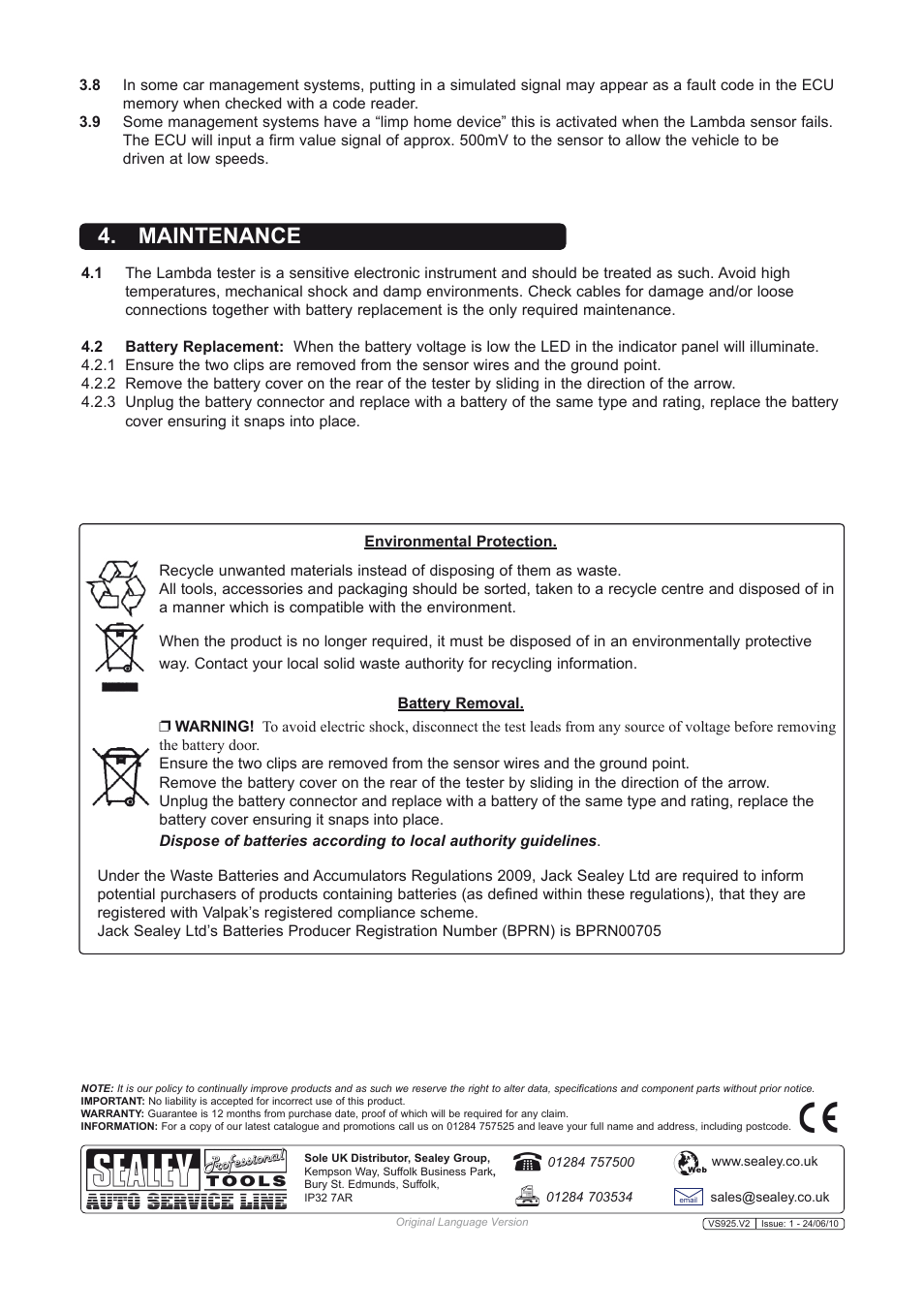 Maintenance | Sealey VS925 User Manual | Page 3 / 3