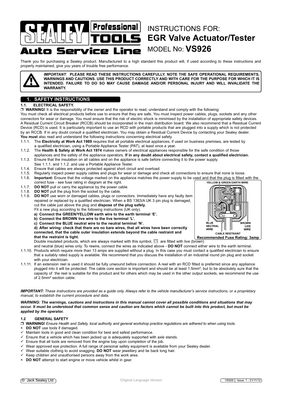 Sealey VS926 User Manual | 3 pages