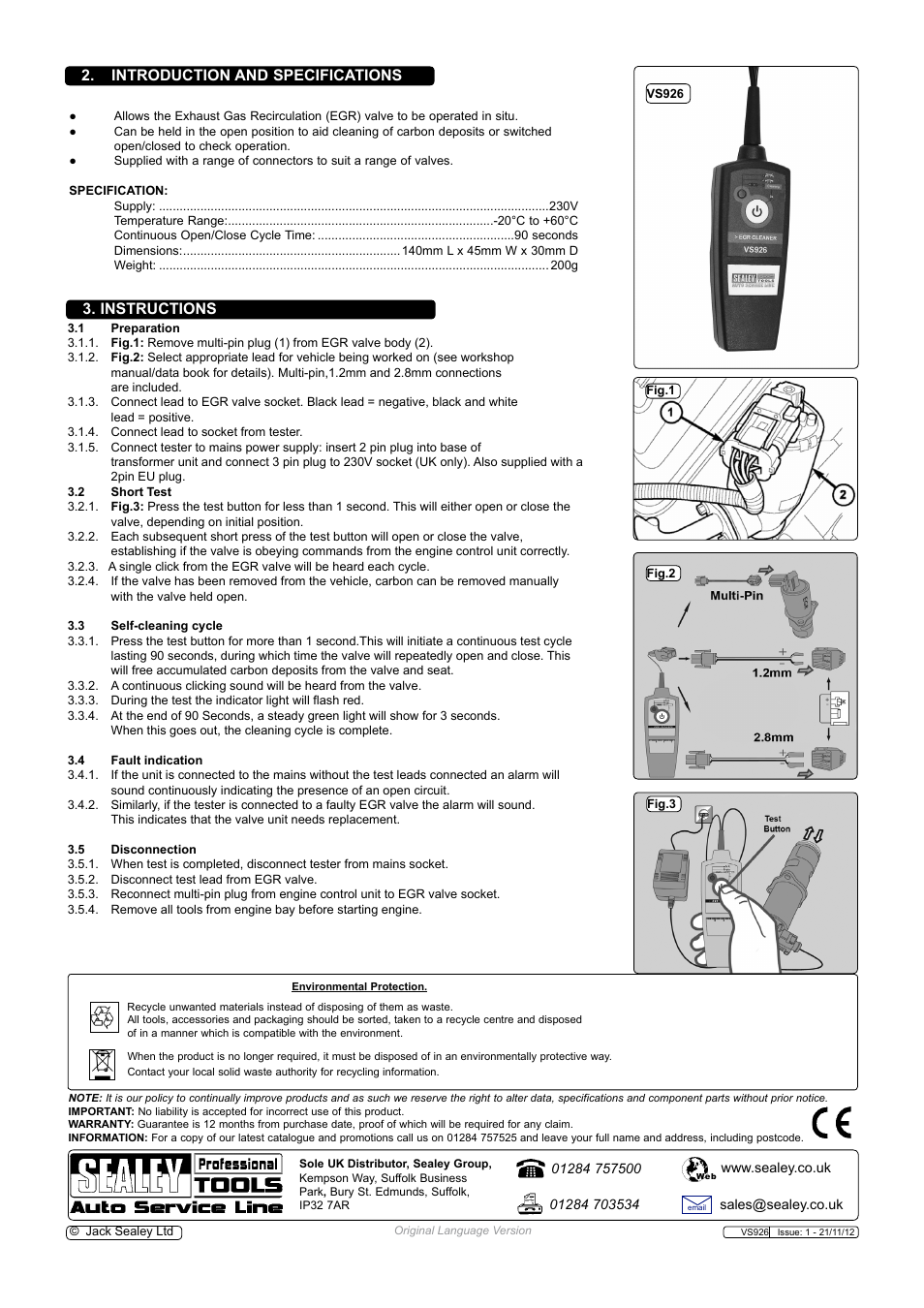 Introduction and specifications 3. instructions | Sealey VS926 User Manual | Page 2 / 3