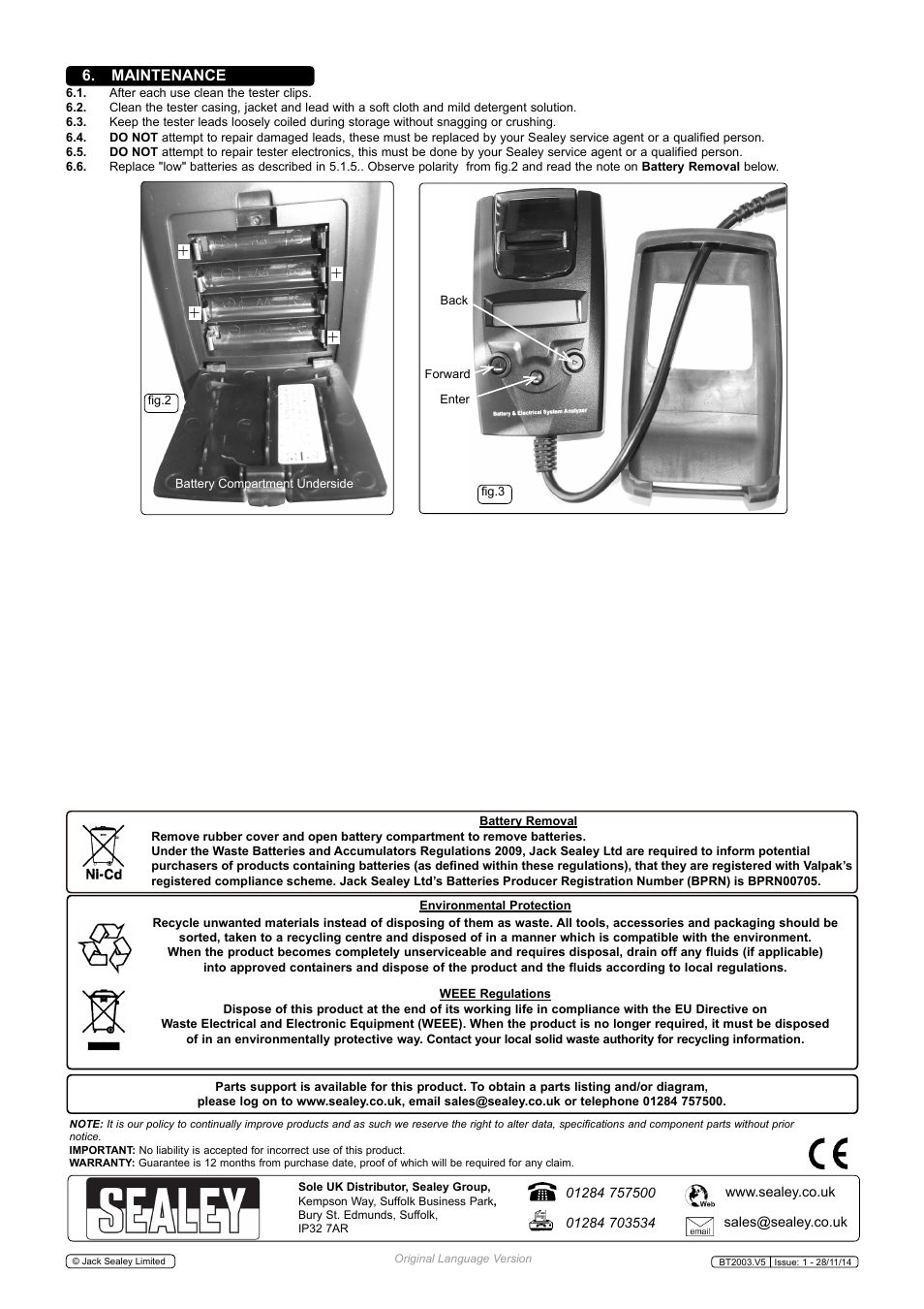 Maintenance | Sealey BT2003 User Manual | Page 5 / 5
