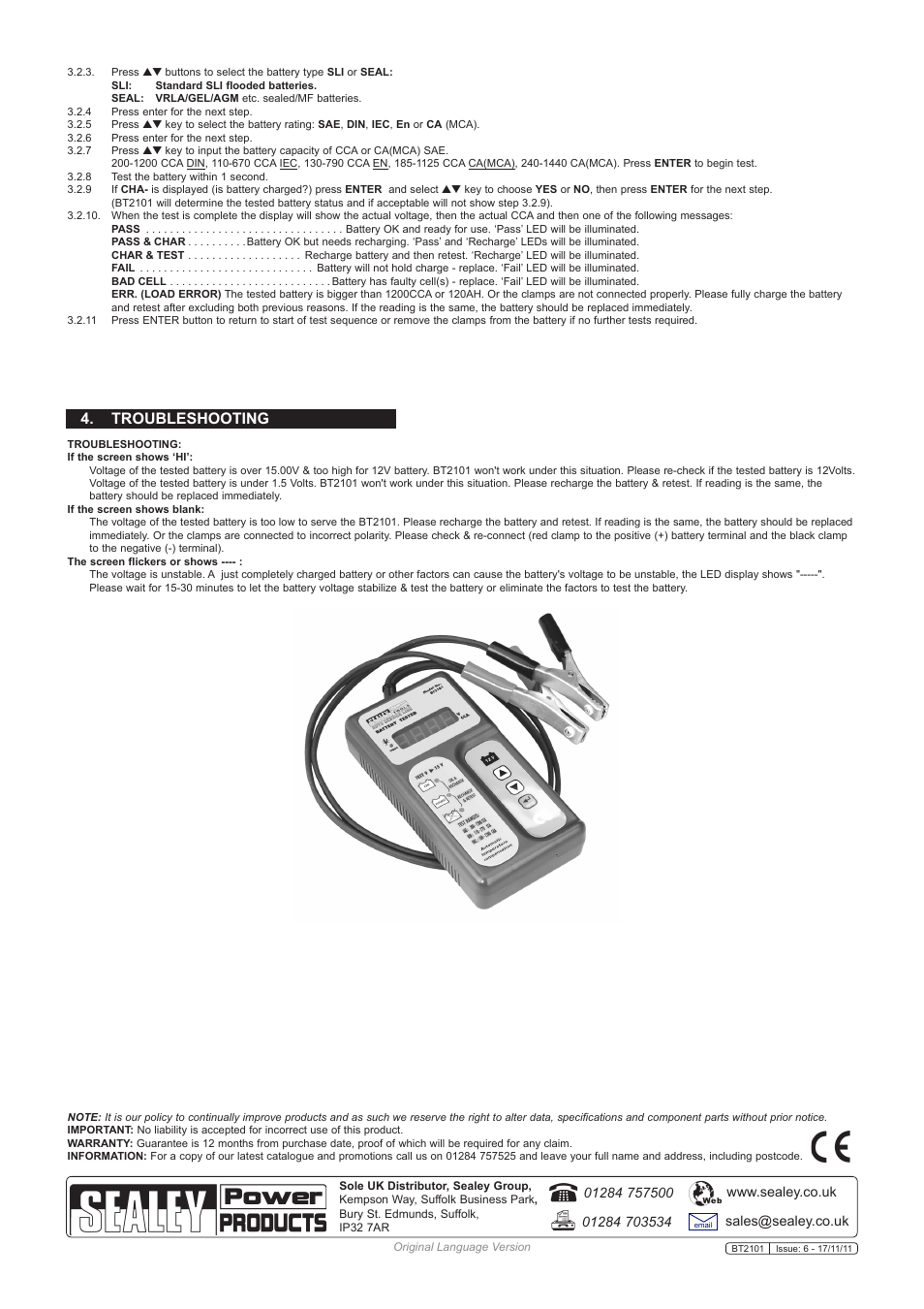 Troubleshooting | Sealey BT2101 User Manual | Page 2 / 2