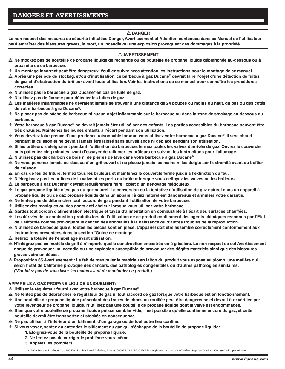 Dangers et avertissments | Ducane Affinity 31-3200 User Manual | Page 44 / 60