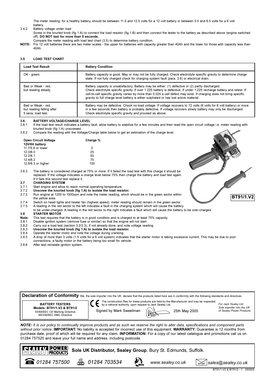 Bt91/1.v2, Sales@sealey.co.uk | Sealey BT91/1 User Manual | Page 2 / 2