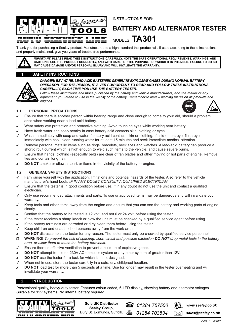 Sealey TA301 User Manual | 2 pages