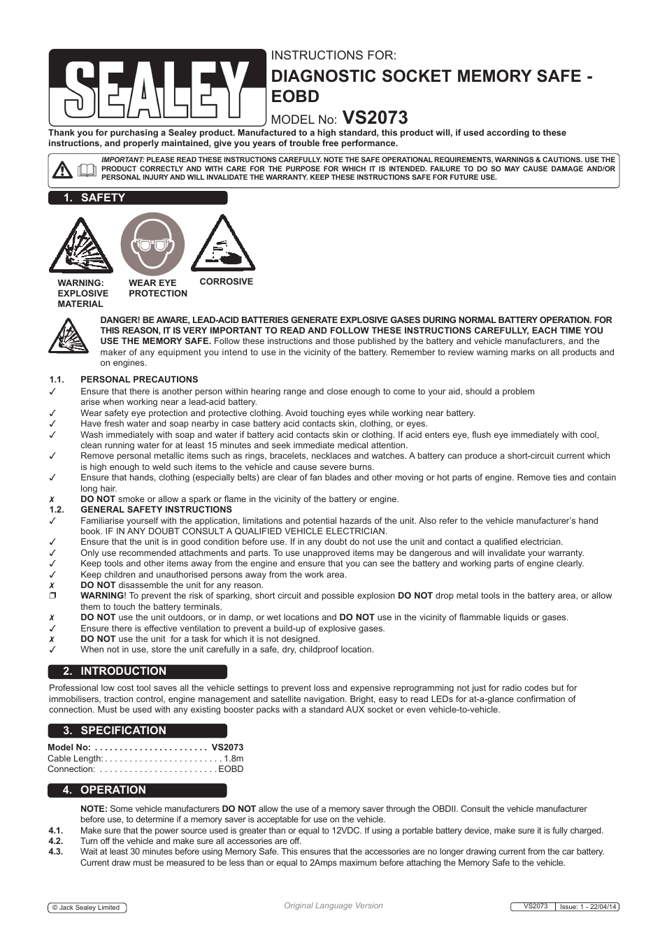 Sealey VS2073 User Manual | 2 pages