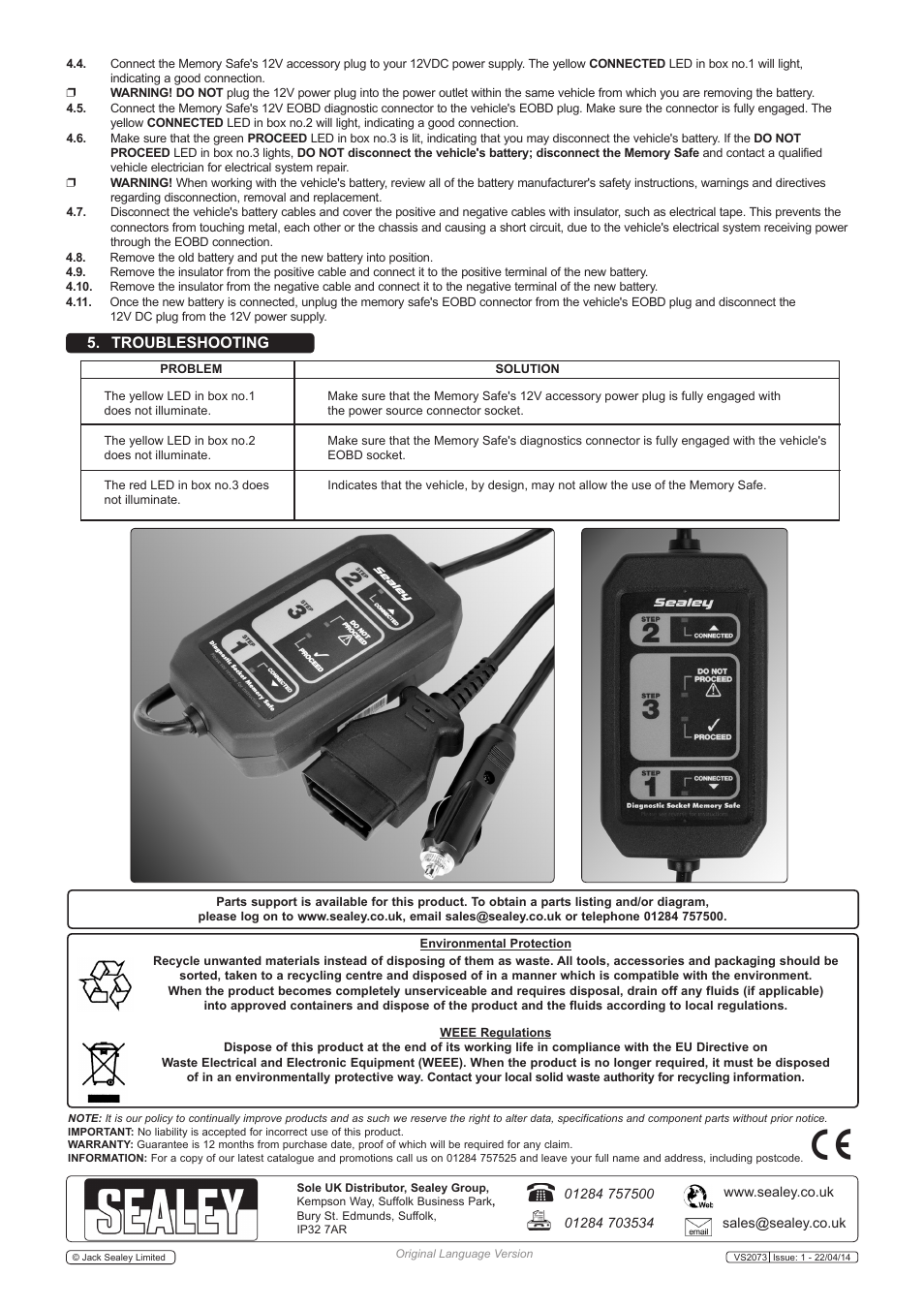 Troubleshooting | Sealey VS2073 User Manual | Page 2 / 2