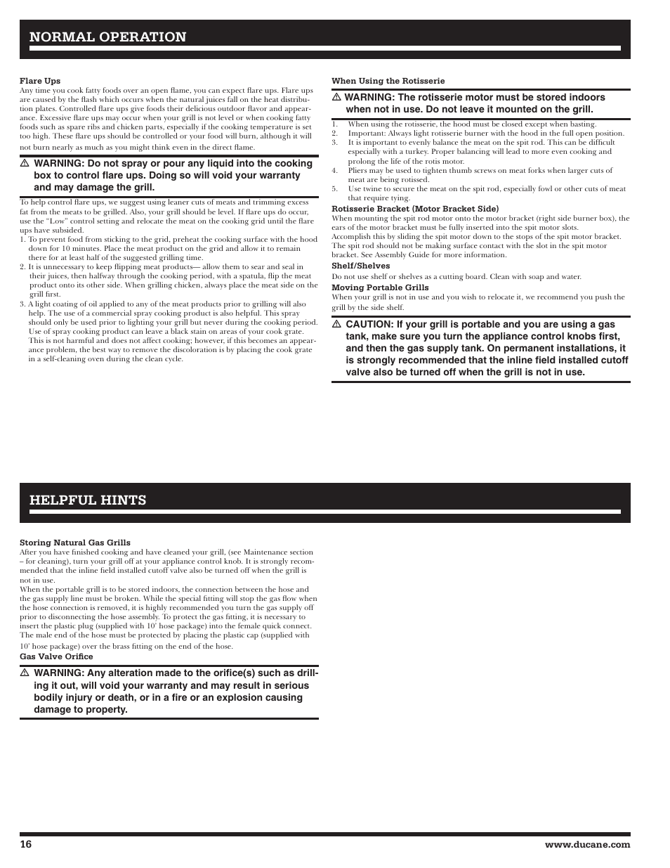 Normal operation, Helpful hints | Ducane Meridian 20529915 User Manual | Page 16 / 56