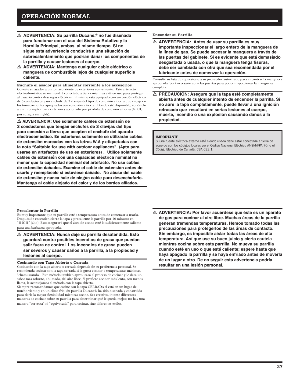 Operación normal | Ducane Meridian 20529915 User Manual | Page 27 / 56