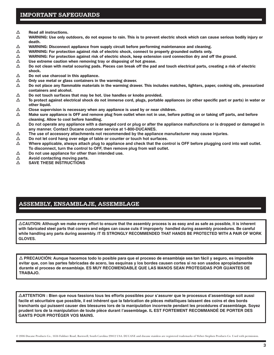 Important safeguards, Assembly, ensamblaje, assemblage | Ducane Meridian 20529915 User Manual | Page 3 / 56