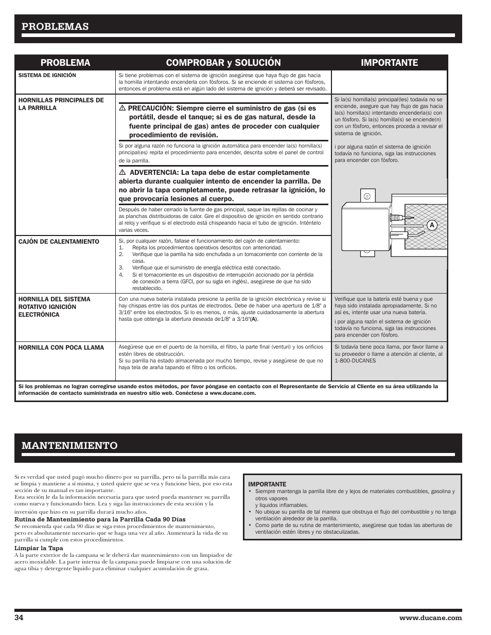 Problemas, Mantenimiento, Problema comprobar y solución importante | Ducane Meridian 20529915 User Manual | Page 34 / 56