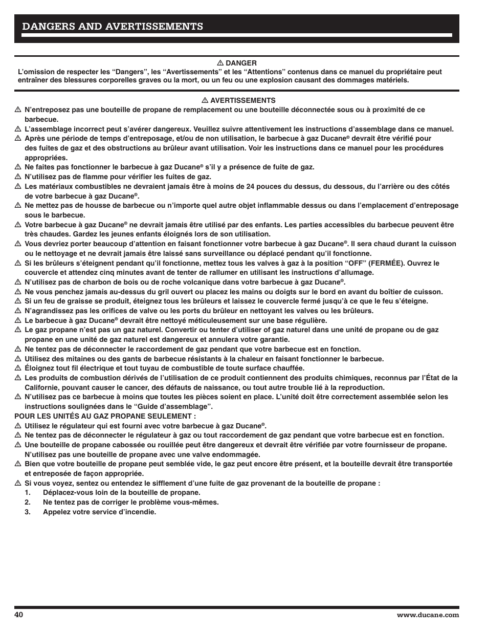 Dangers and avertissements | Ducane Meridian 20529915 User Manual | Page 40 / 56