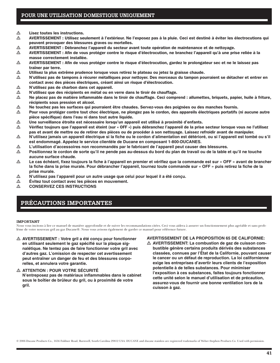Précautions importantes, Pour une utilisation domestique uniquement | Ducane Meridian 20529915 User Manual | Page 41 / 56