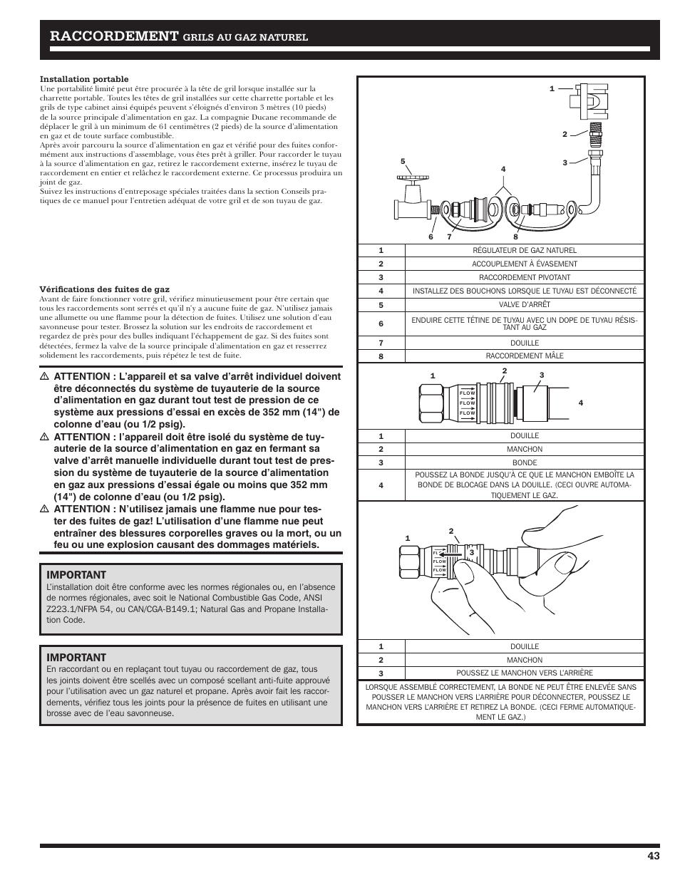 Raccordement, Important, Grils au gaz naturel | Ducane Meridian 20529915 User Manual | Page 43 / 56